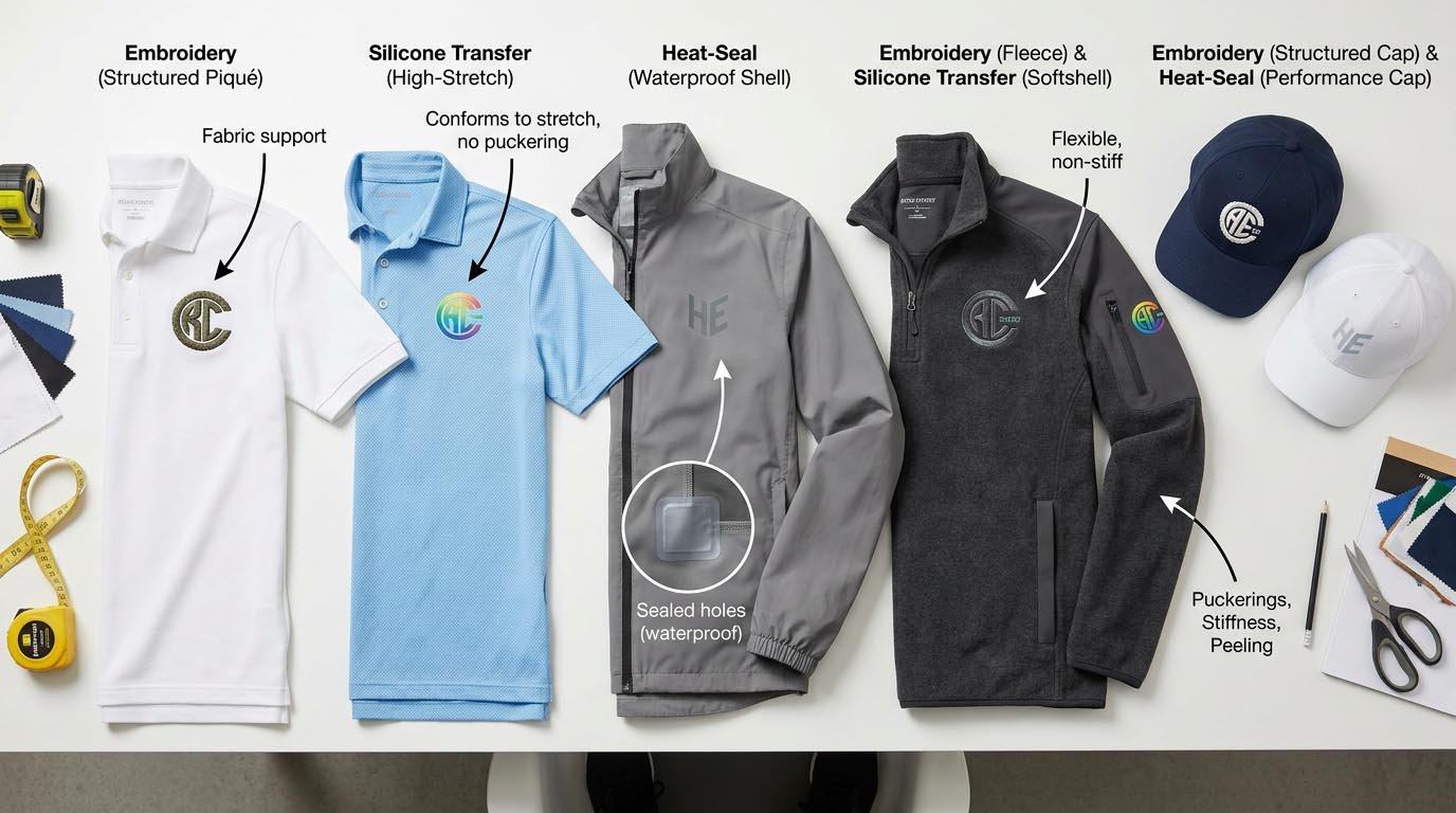 Logo application on different golf garment fabrics