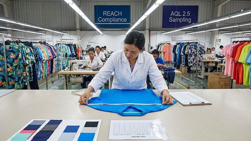 A quality control inspector measuring a garment on a factory floor with a checklist