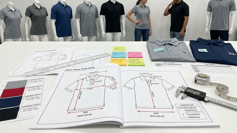 A size specification chart for a golf polo, with a diagram showing the points of measure (POMs)