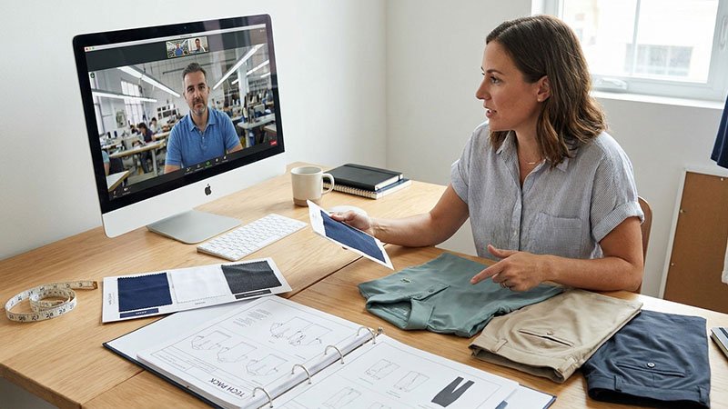 A person on a video call with a factory manager, reviewing fabric swatches and a tech pack for the 3-SKU capsule