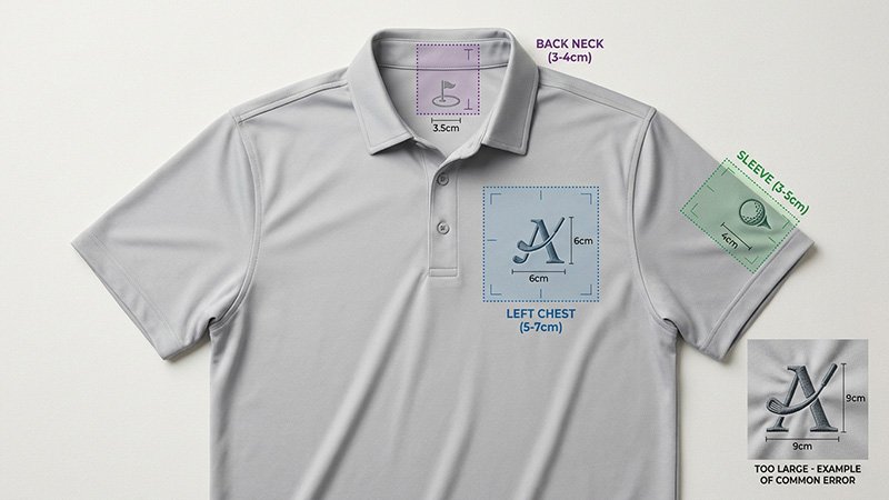 Standard logo placement zones on golf polos Golf polo with logo placement zones marked