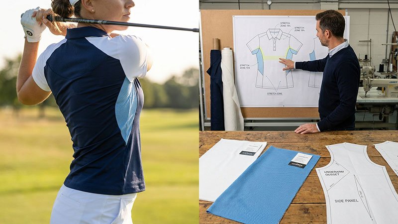 Strategic stretch zones in women's golf polo Zoned stretch panel placement