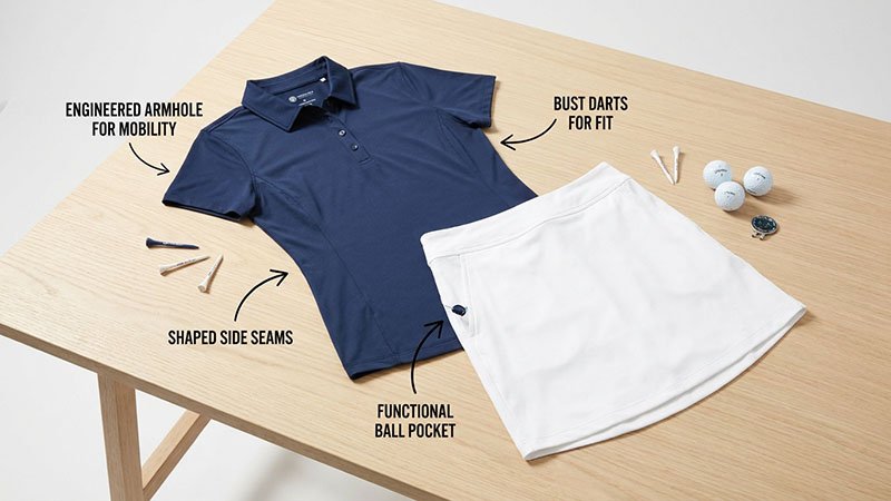 A technical drawing of a women's golf polo and skort, with callouts for fit details like bust darts and ball pockets