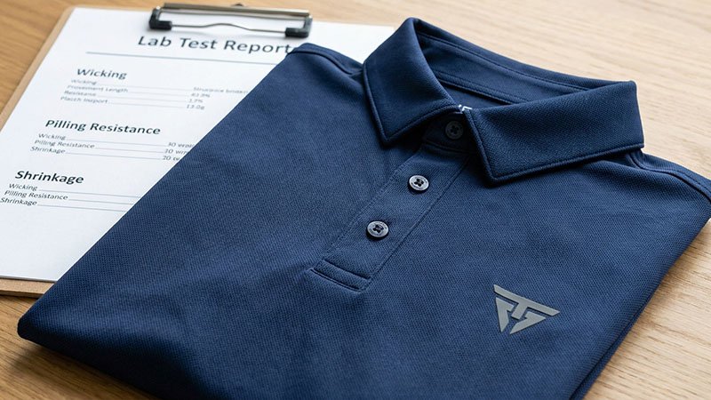 A close-up shot of a high-quality golf polo, highlighting the fabric texture, collar construction, and a clean logo application