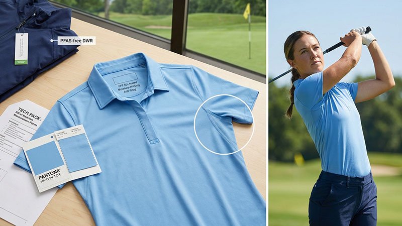 Technical features of a performance golf polo A diagram highlighting the performance features of a golf polo, like stretch gussets and UPF 50+ fabric