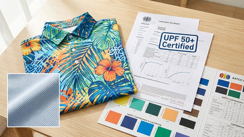 A close-up of a vibrant tropical print fabric next to a UPF 50+ testing report