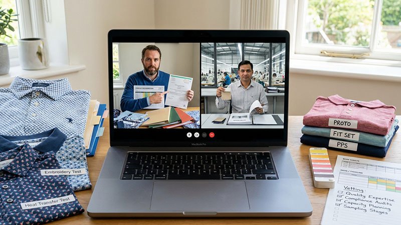 Vetting and partnering with a manufacturer A person on a video call with a factory manager, discussing a fabric swatch and a tech pack
