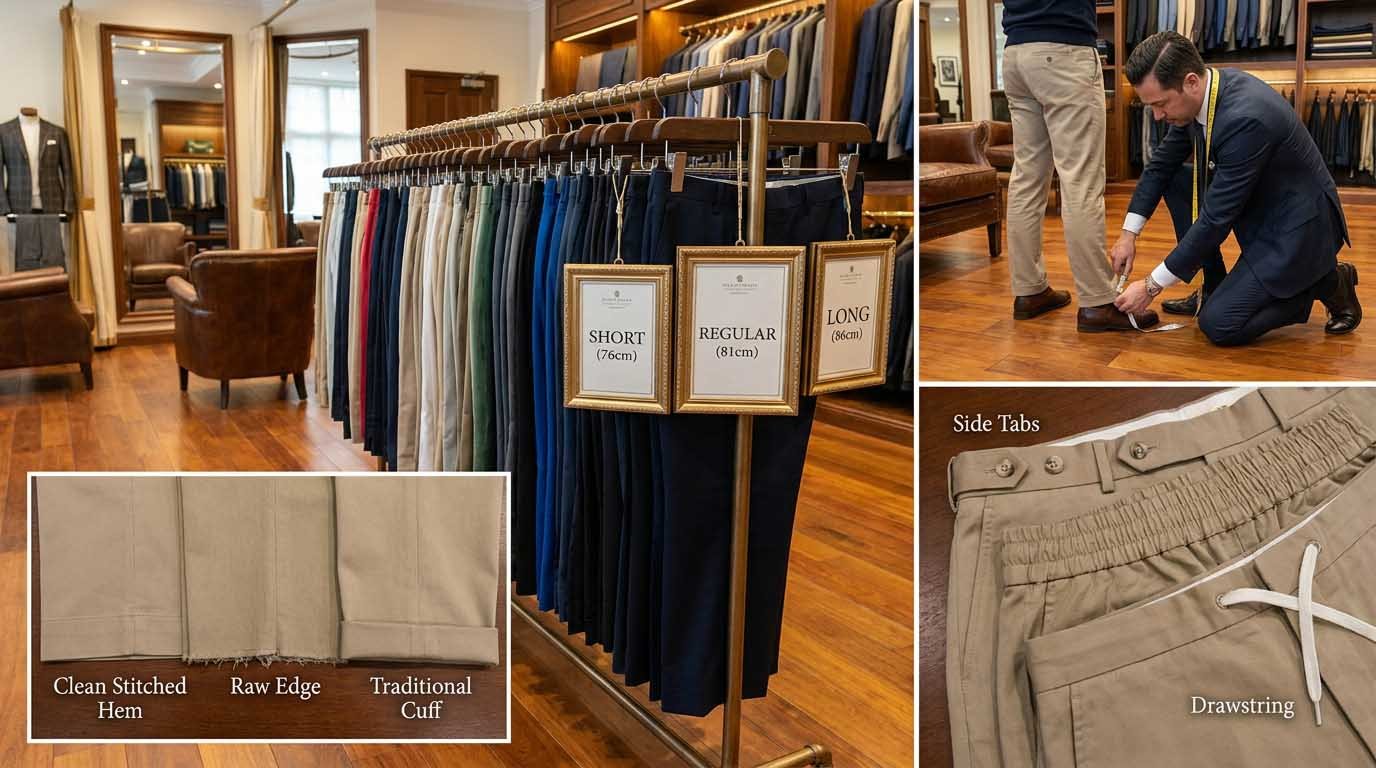 Waist adjustments, hem options, and length variations Tailoring and adjustment options diagram