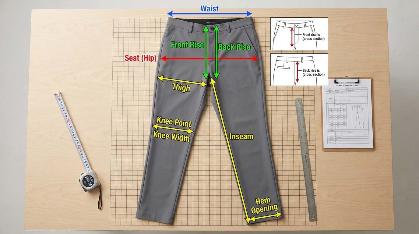 Detailed measurement point diagram for golf pants