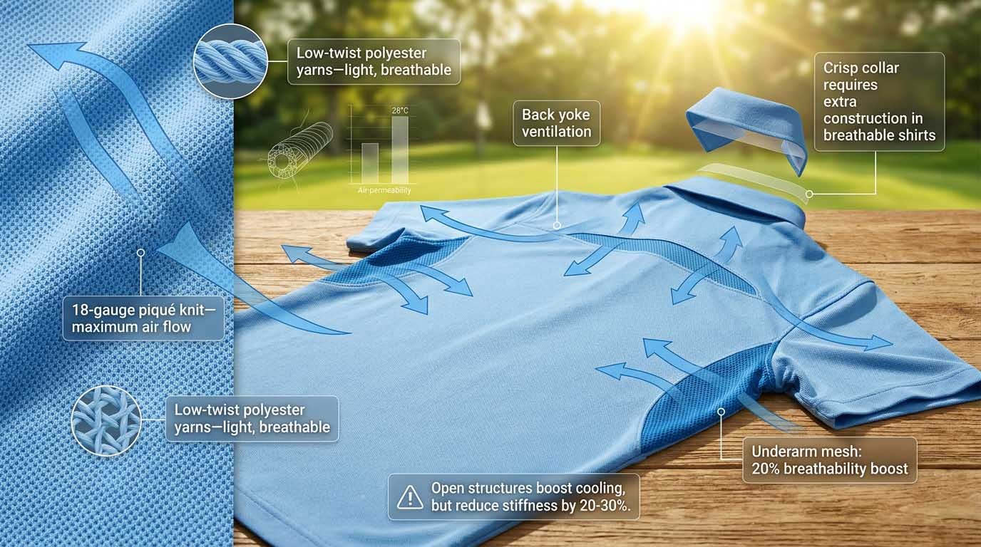 Air flow knit structures and moisture management Golf polo breathability and ventilation engineering
