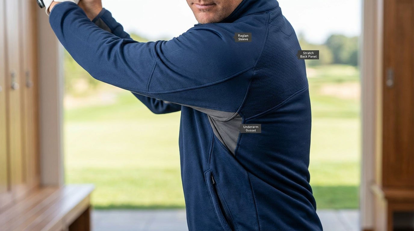 Articulated sleeves, gussets and stretch panel placement Golf apparel mobility construction details