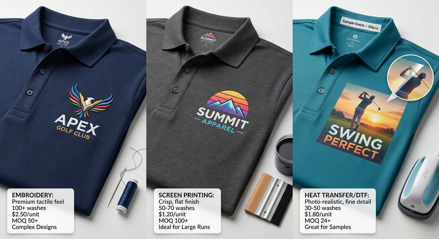 When to use embroidery vs printing vs heat transfer on polo shirts Branding method comparison matrix