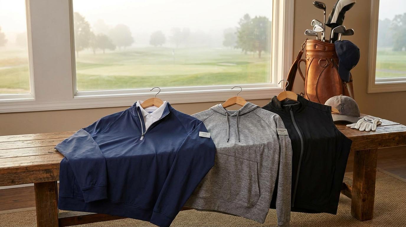 Breathable layers for spring summer temperature variance Golf quarter-zips and light layering pieces