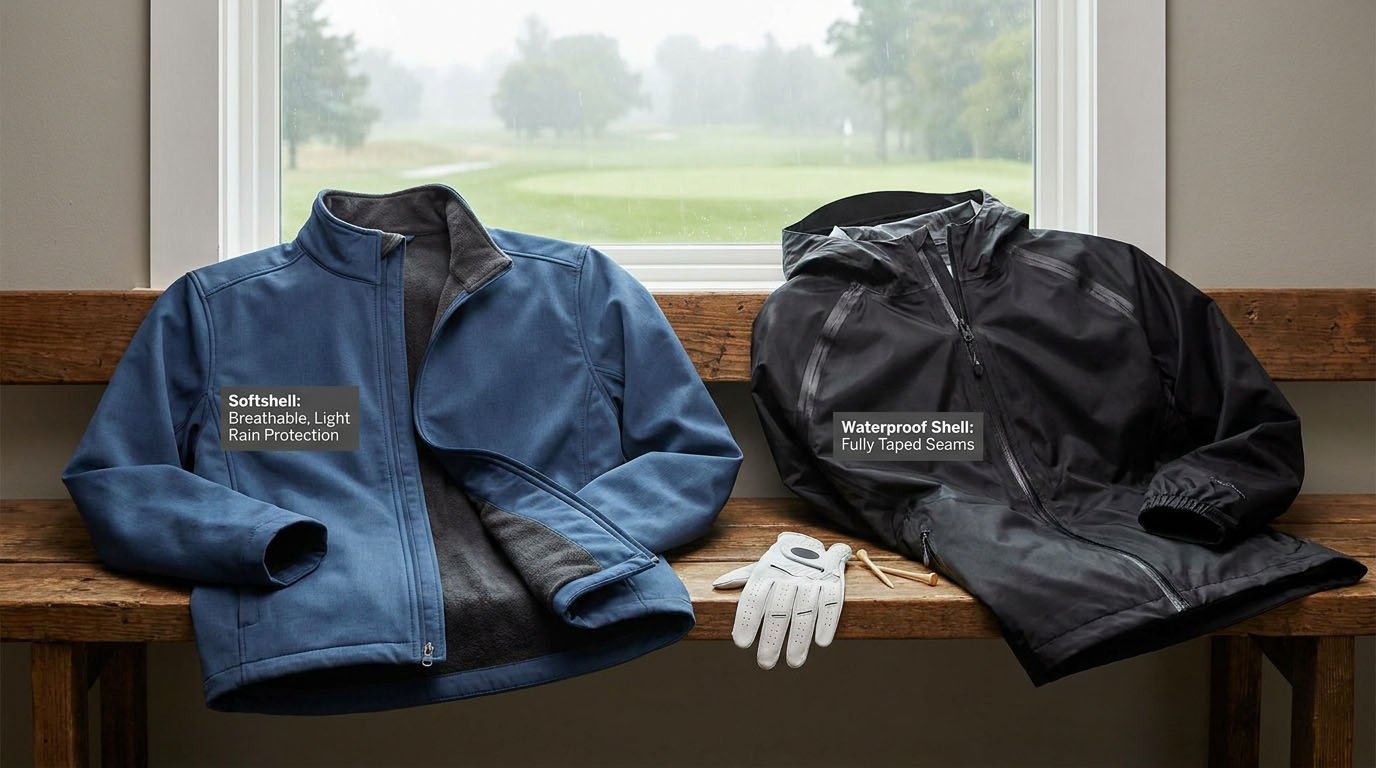 Breathable weather protection and shell construction Softshell and waterproof golf outerwear