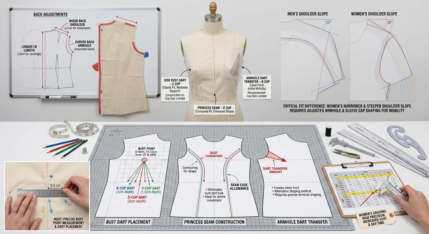 Technical specifications required for women's bust shaping Bust dart placement and construction methods