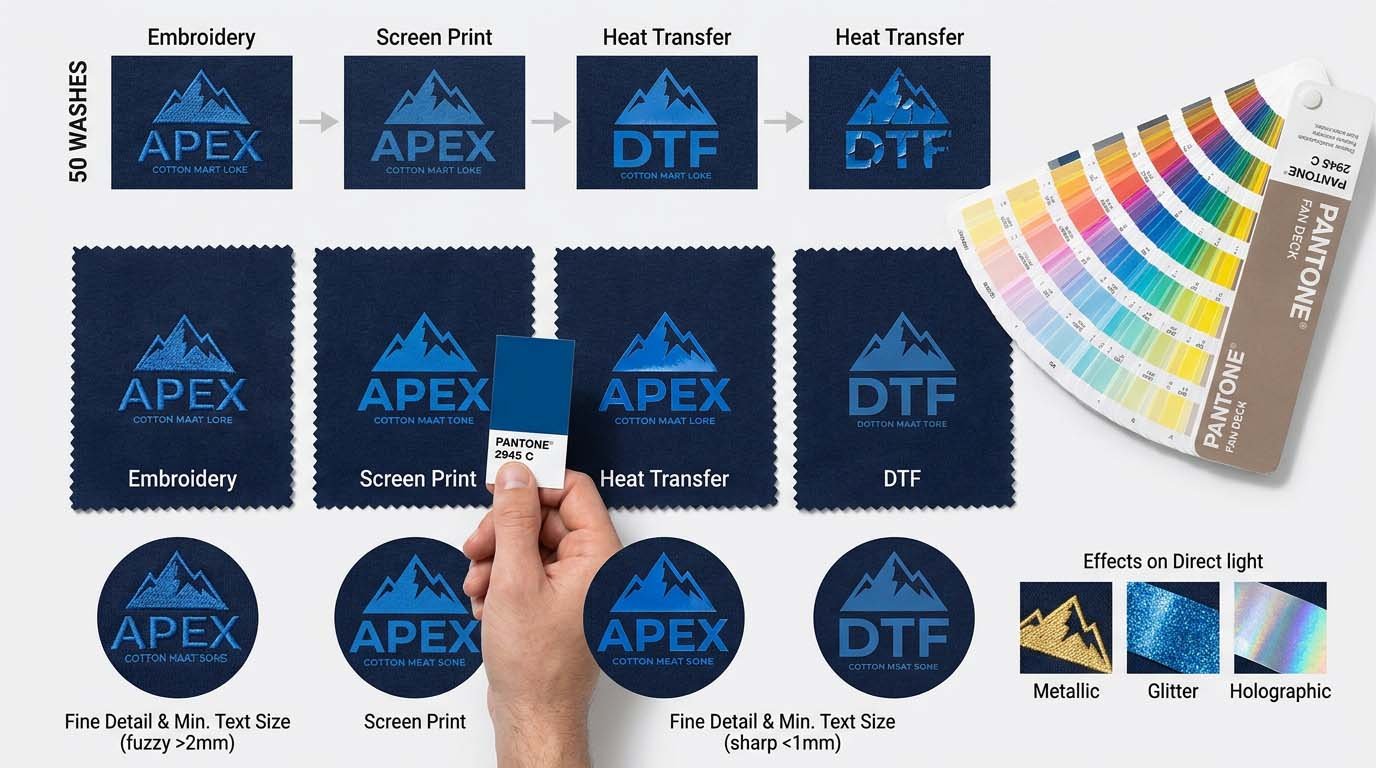 How embroidery, printing and heat transfer differ in Pantone color accuracy Color matching across branding methods