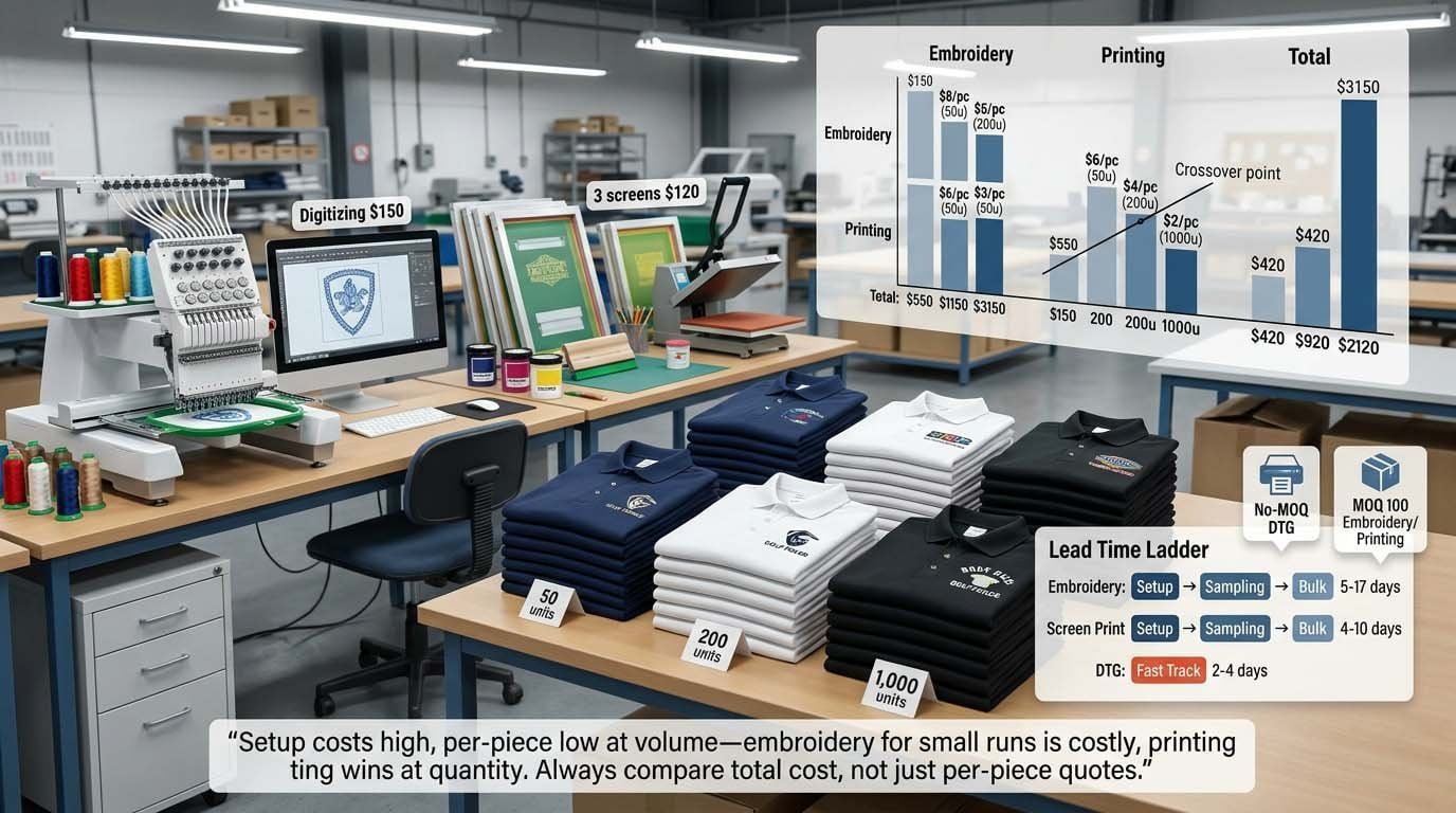 How order quantity affects embroidery versus printing total cost comparison Cost breakdown showing setup versus per-piece costs for different order volumes