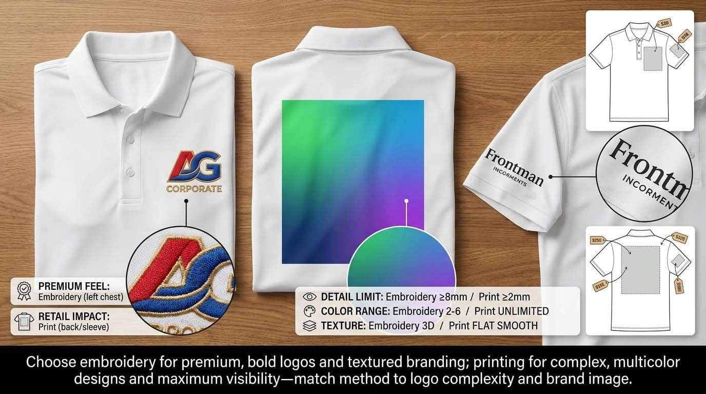How logo detail and color affect method selection and visual quality Design complexity limits for embroidery versus printing