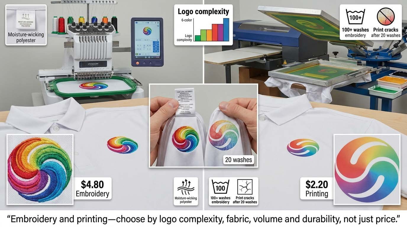 How logo method choice affects cost, durability and fabric compatibility Embroidery vs printing comparison on golf polo shirts
