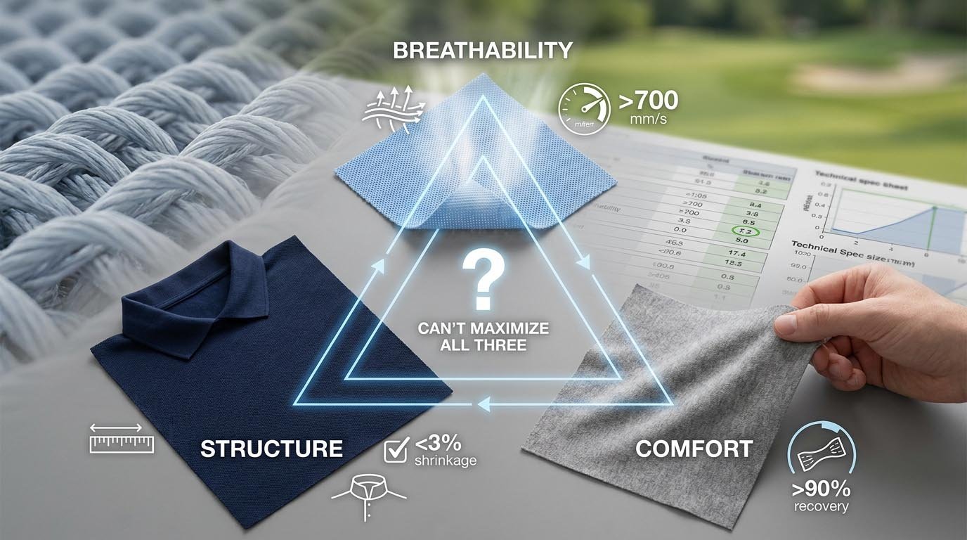 Fiber blends and weave structures for performance apparel Golf fabric yarns and knit construction details