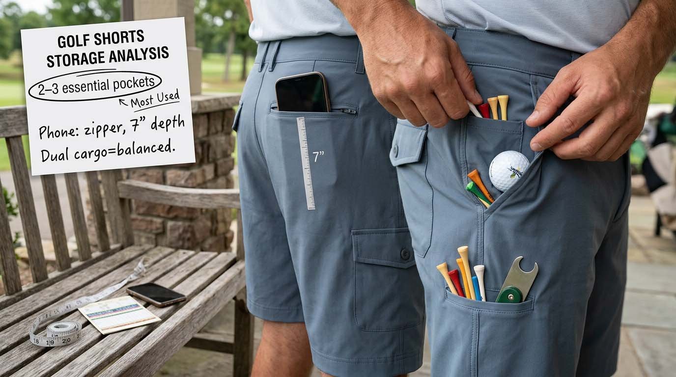 Stretch waistband and gusset construction details Golf shorts waistband and mobility features