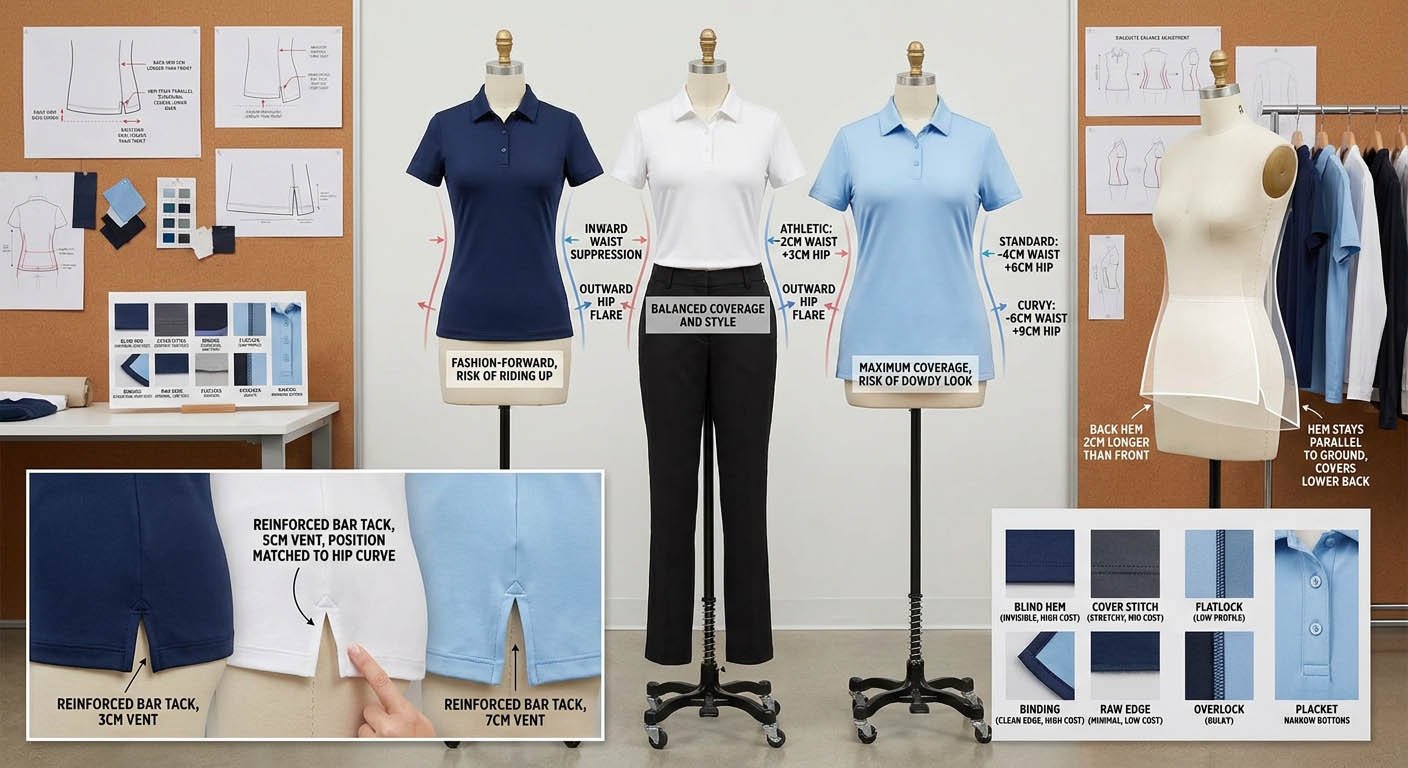 How length proportions and finishes affect women's golf polo fit Hem length and finish details