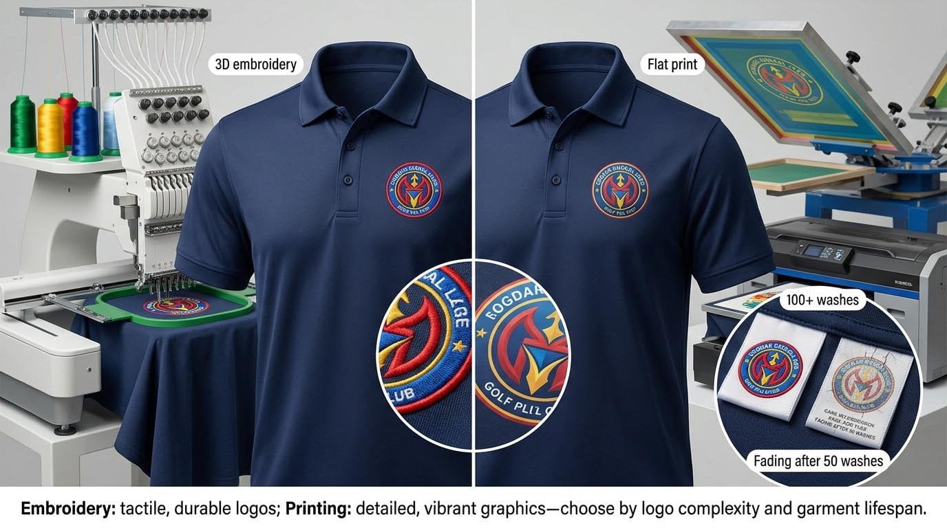 Visual and structural differences between embroidered and printed logos How embroidery and printing methods create logos on fabric