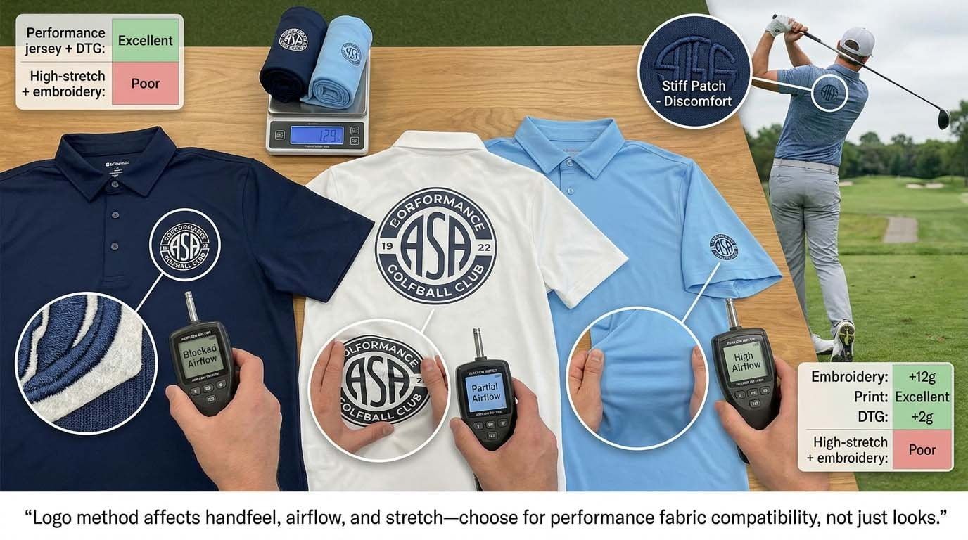 Performance impact of embroidery versus printing on golf polo fabrics How logo methods affect fabric breathability and stretch