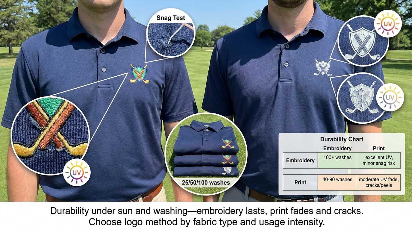 How embroidery and printing methods age under golf apparel use conditions Logo durability comparison across wash cycles and sun exposure