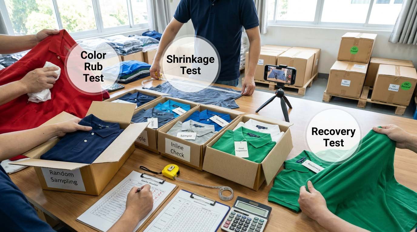 Checking embroidery quality on golf apparel Logo embroidery inspection on polo shirt