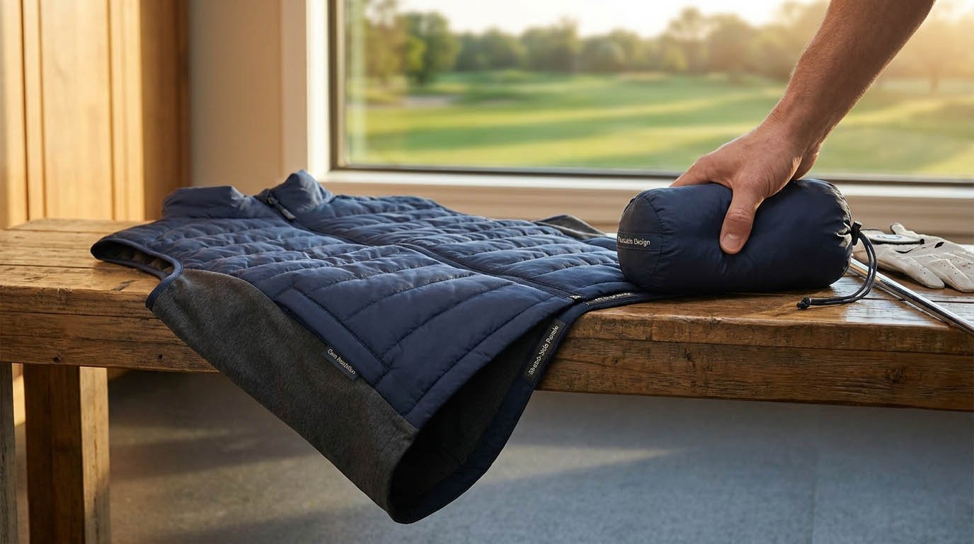 Mapped warmth and packable insulation for cold weather golf Golf insulated vests and hybrid layering systems