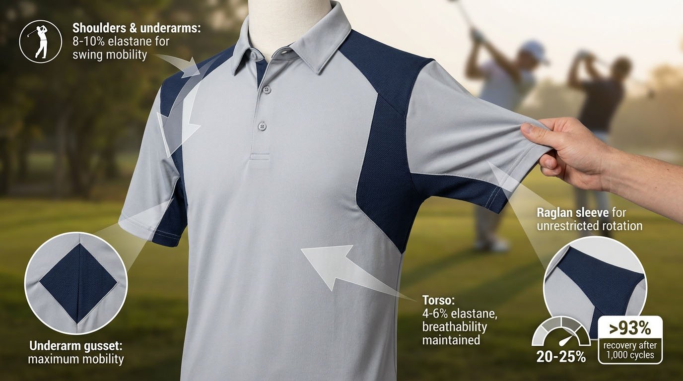 Pattern design and elastane placement for swing freedom Golf apparel stretch and mobility engineering