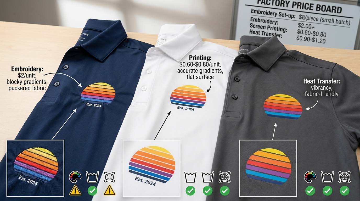 Embroidery vs printing vs heat transfer for golf polo shirts Polo logo branding methods comparison