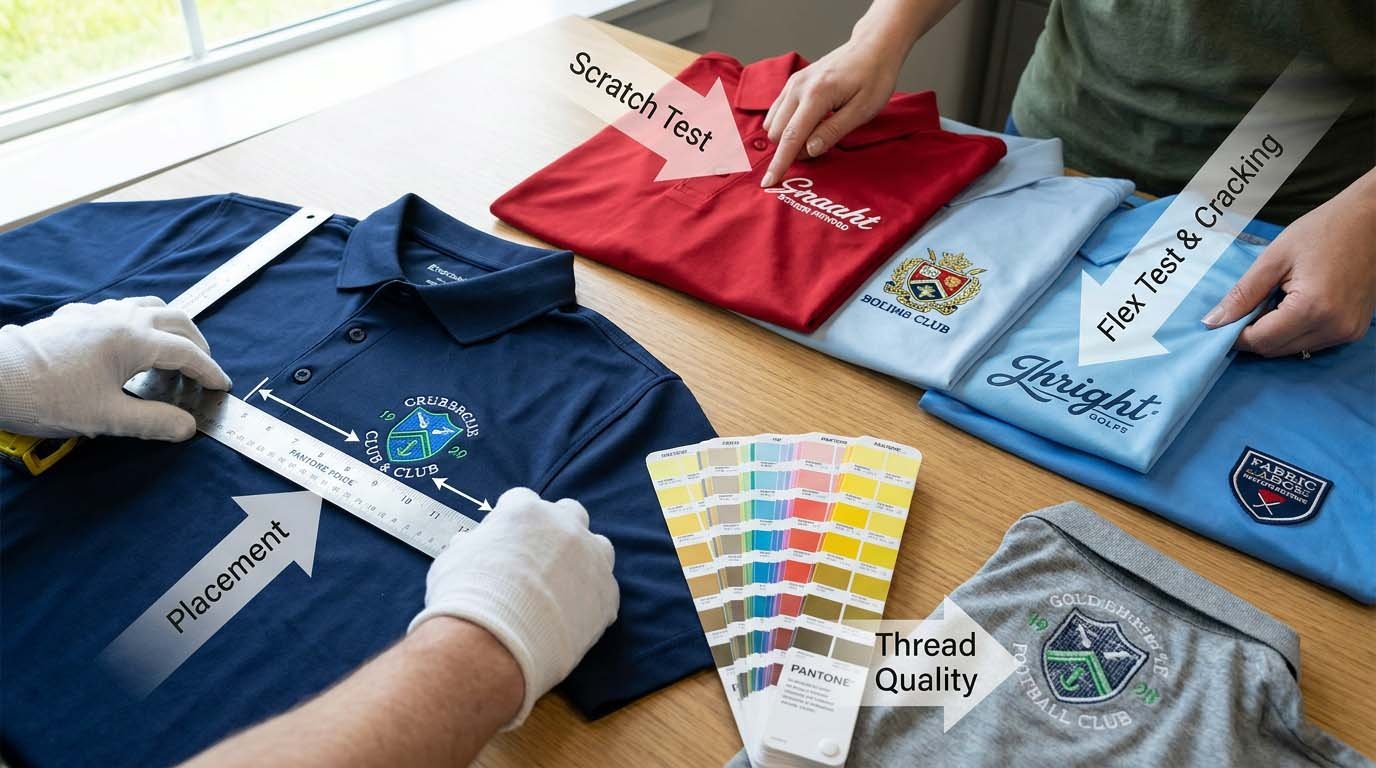 Inspecting workmanship details on golf polos Polo shirt seam and collar inspection