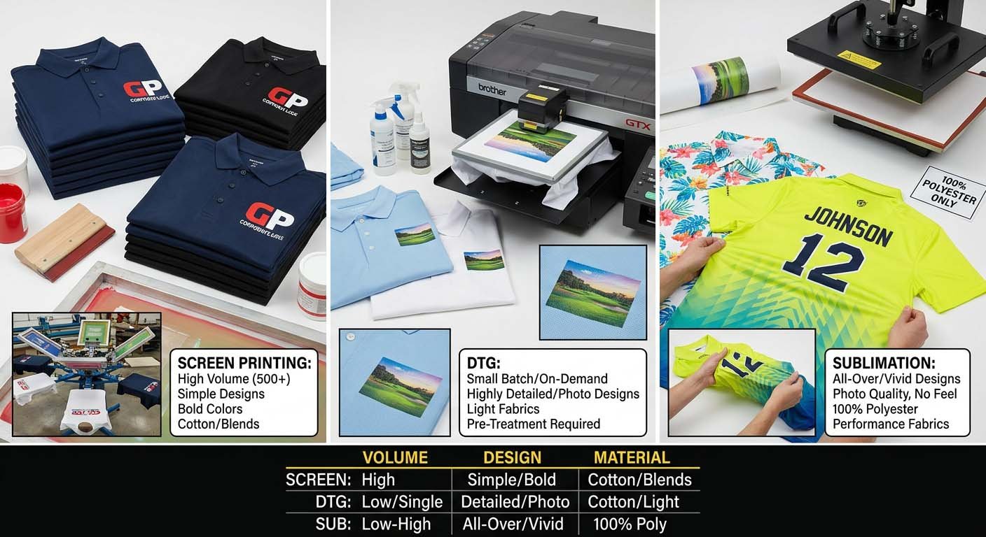 Screen printing versus DTG versus sublimation for polo logos Printing methods comparison