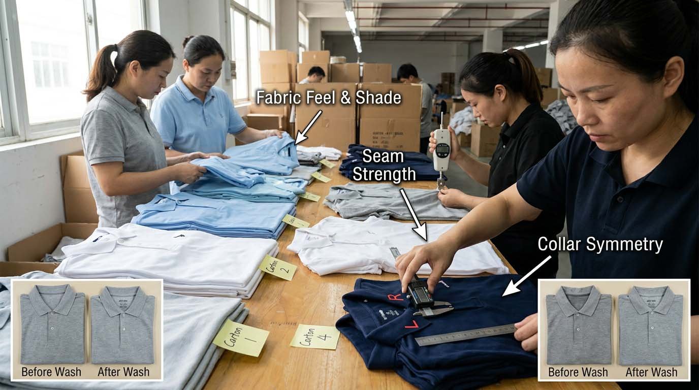 Quality inspection checkpoints for golf polo shirts