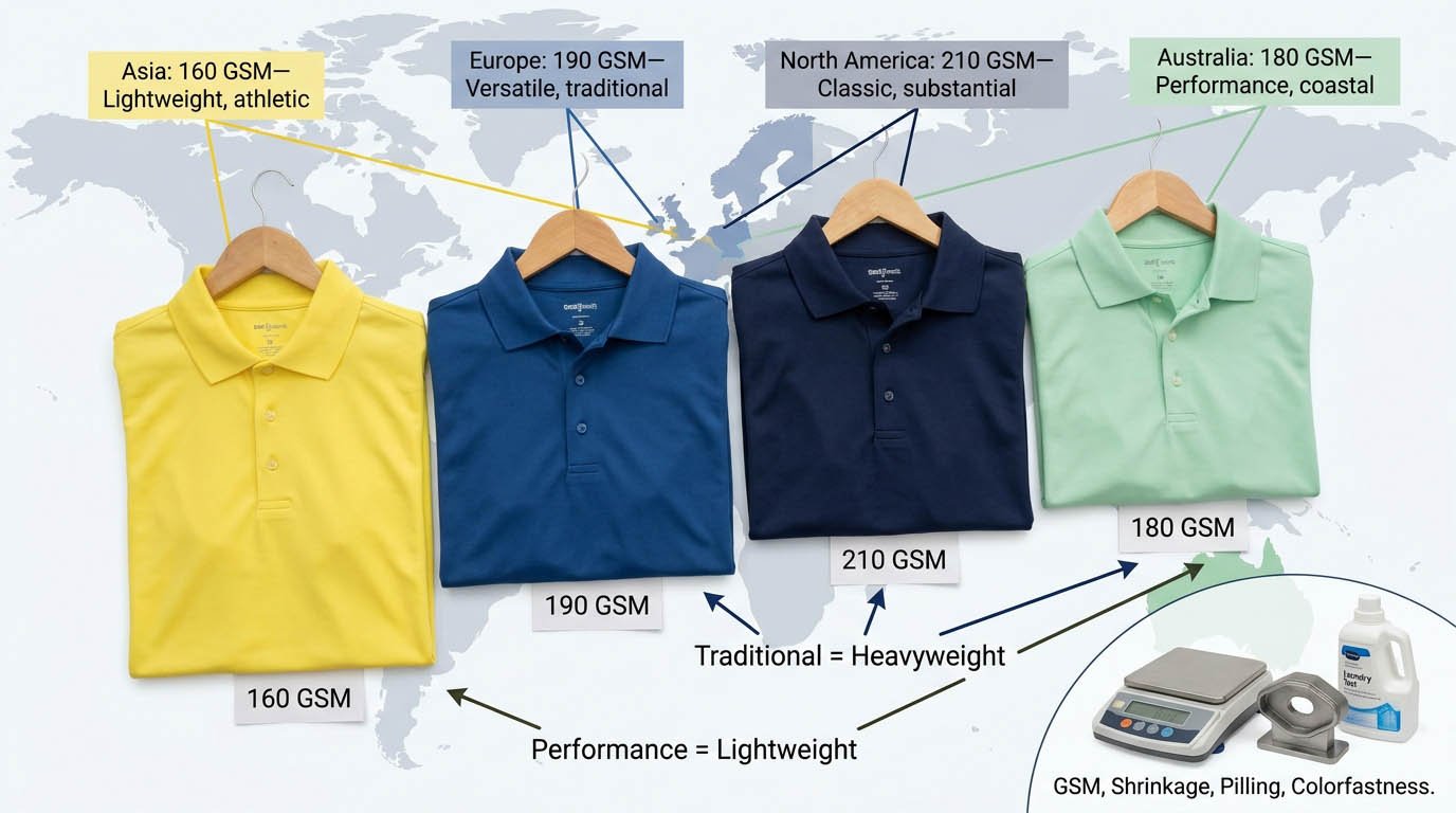 Regional GSM benchmarks for golf polos