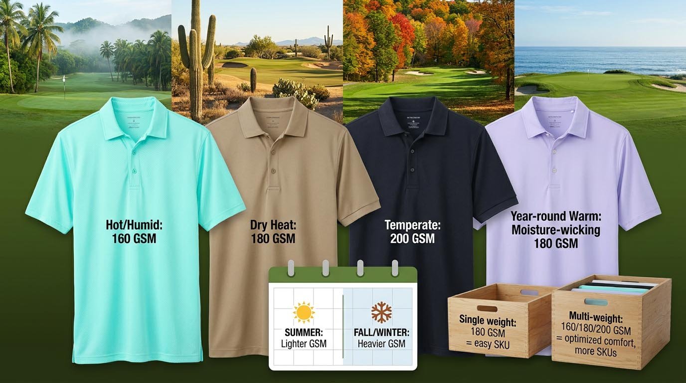 Seasonal golf polo fabric weight strategy