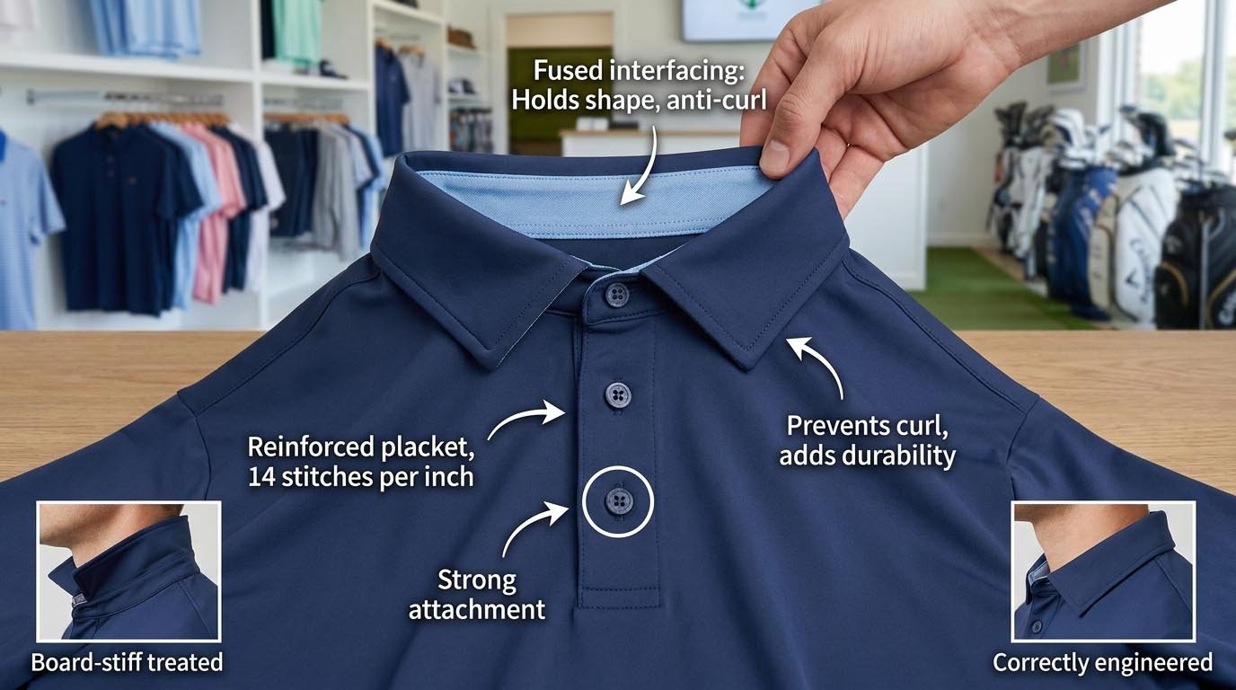 Shape retention interfacing and anti-curl engineering Golf polo collar structure and construction details