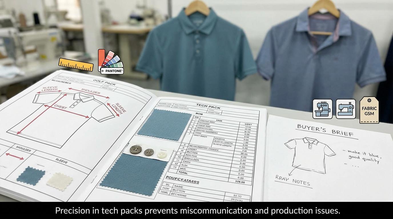 How detailed specifications prevent manufacturing miscommunication Tech pack elements for golf polo production