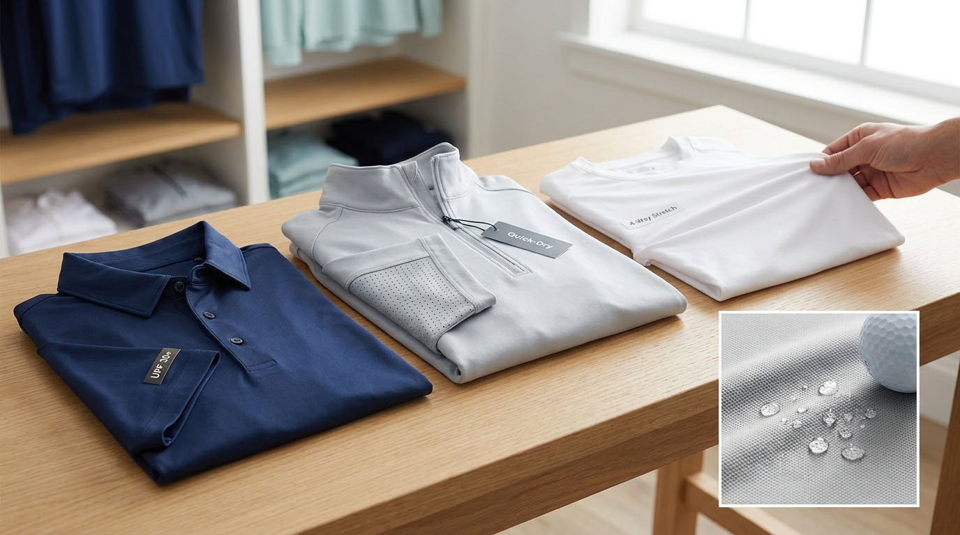 UPF protection, ventilation and moisture management Golf apparel fabric performance features