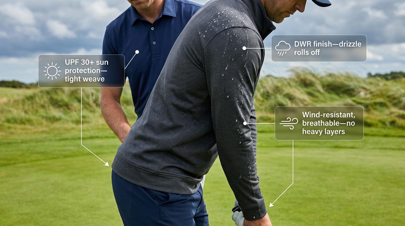 UPF sun protection and moisture resistance engineering Weather protection in golf apparel design