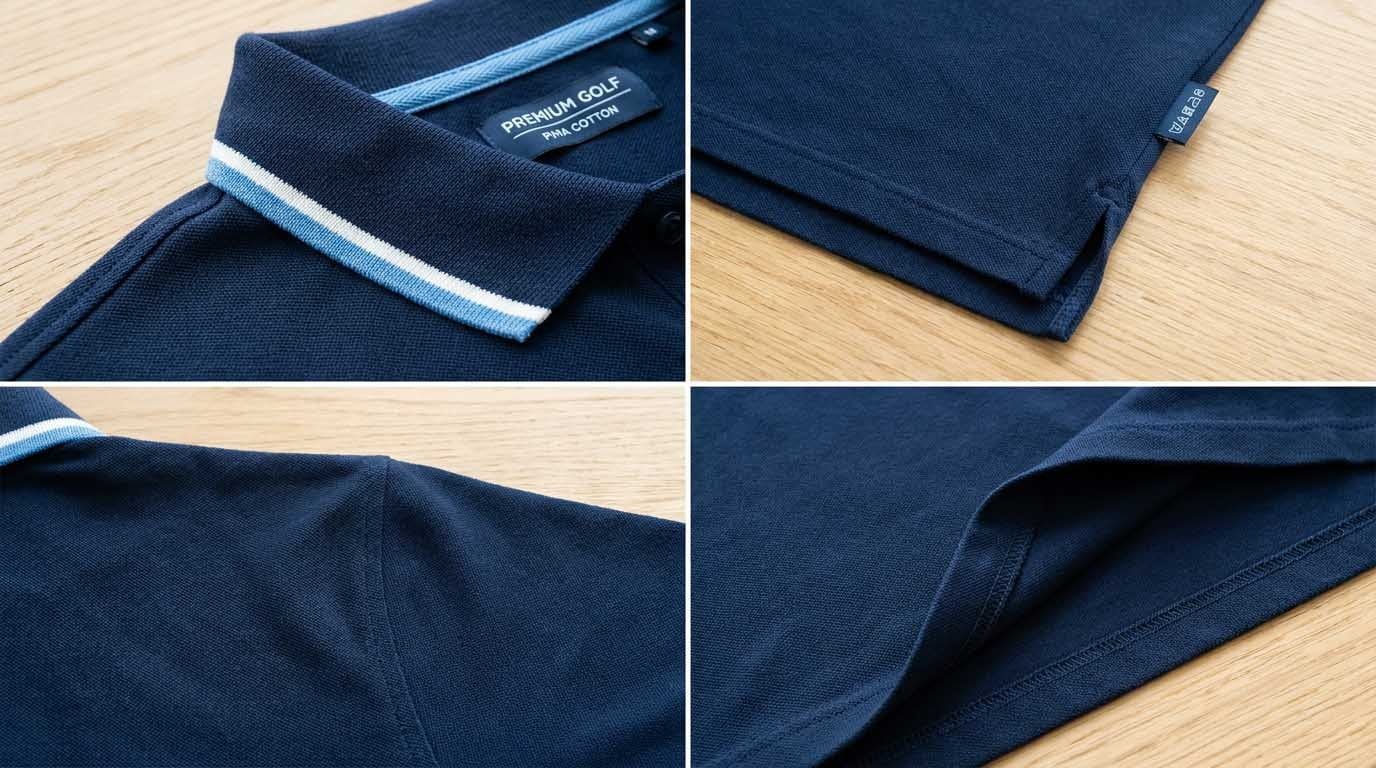 Seam, collar, and trim construction examples Close-up of polo construction details