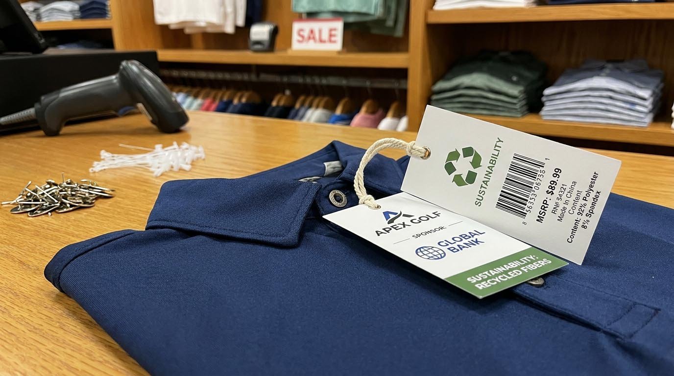 Custom golf apparel hangtag design examples alt text
