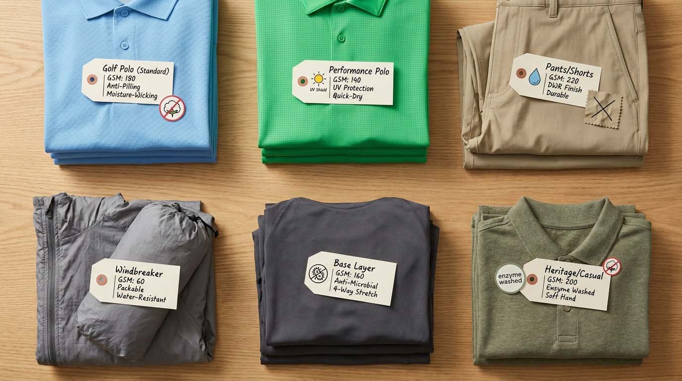 Golf apparel fabric recommendations by product category