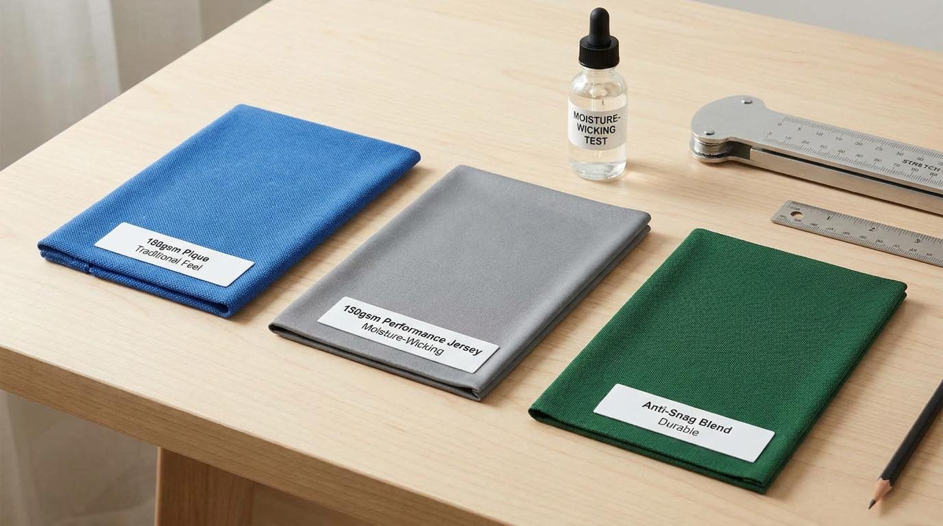 Golf polo fabric types comparison Fabric swatches showing pique and performance jersey