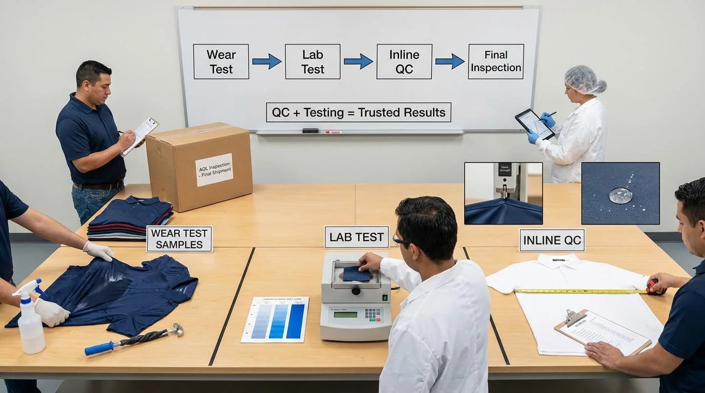 Golf apparel QC and lab testing workflow