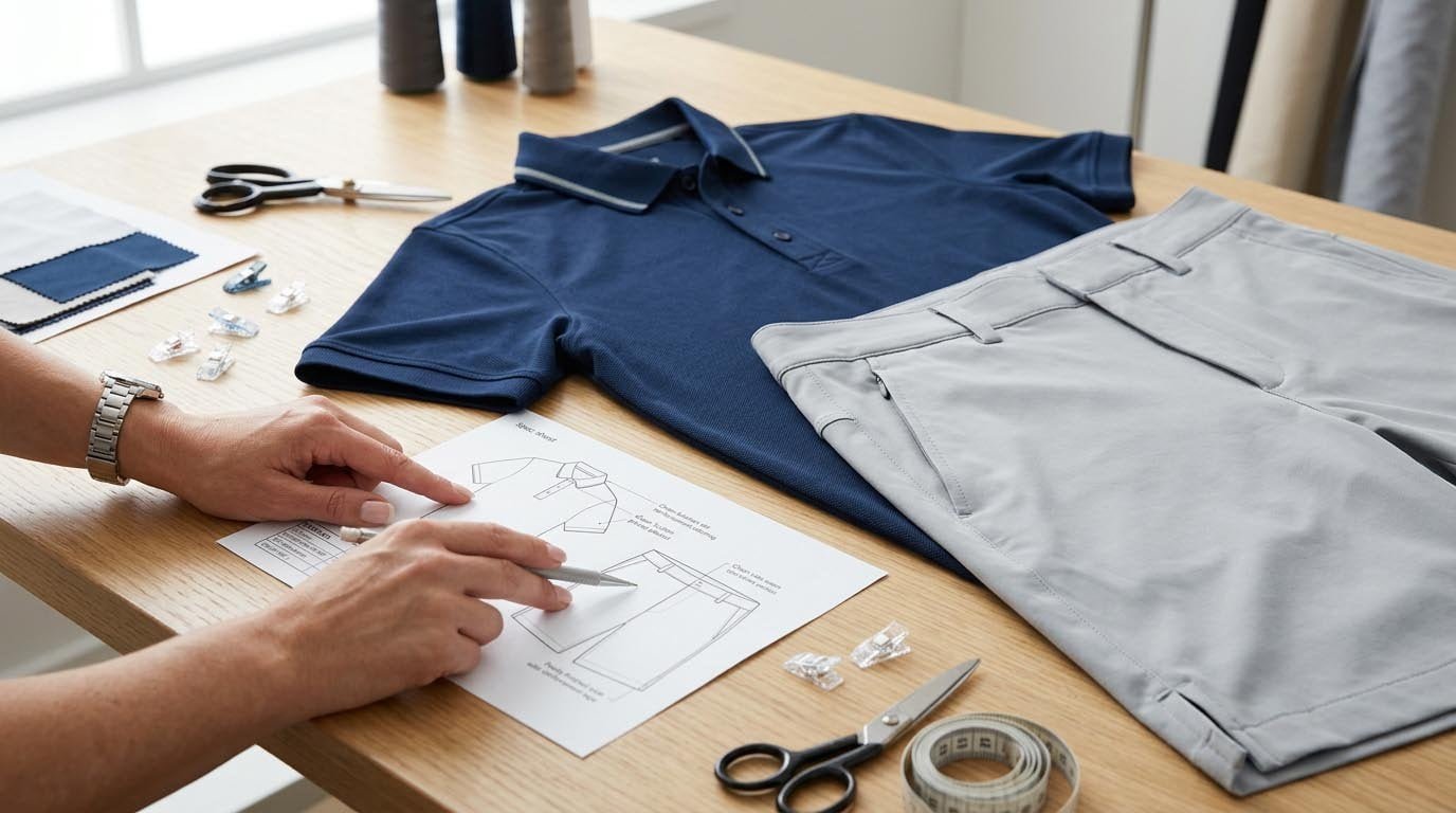 Golf apparel construction and stitching specification checklist Golf apparel construction details for tech pack