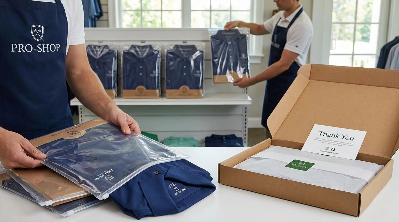 Golf apparel packaging for retail and ecommerce alt text