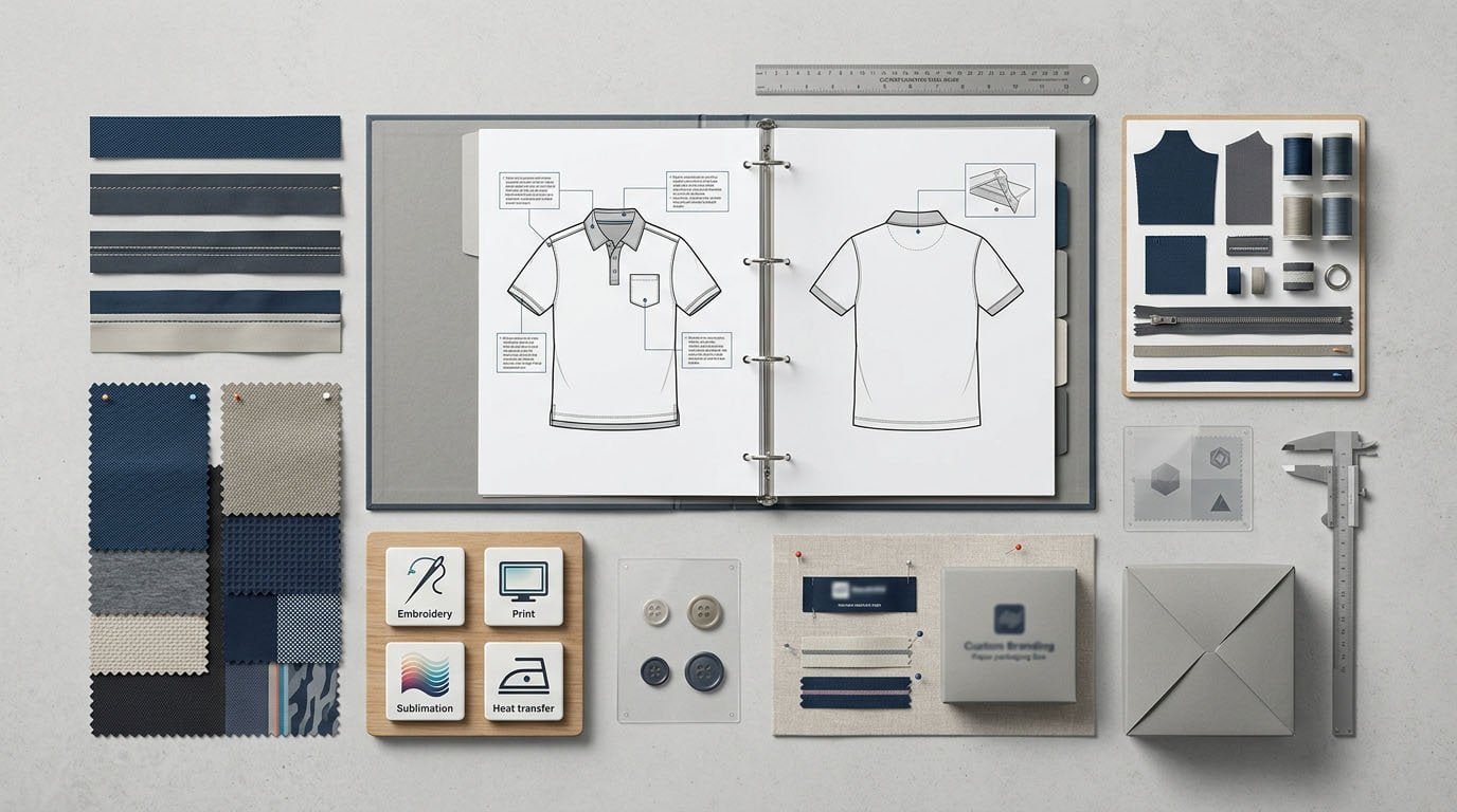 Golf apparel tech pack construction details measurements trims and logo specifications Golf apparel tech pack and construction details